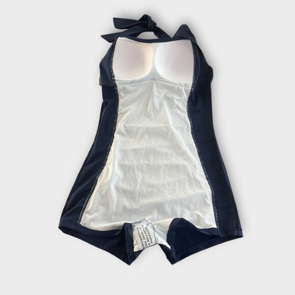 Vintage Inspired Halter One Piece Swimsuit Blue Ruched Retro Style Size M - Picture 4 of 7